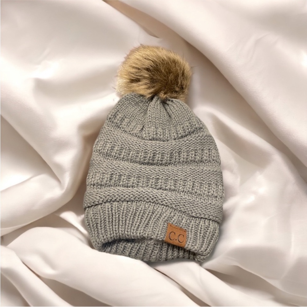 C.C Kids Light Gray Knit Beanie with Faux Fur Pom-Pom